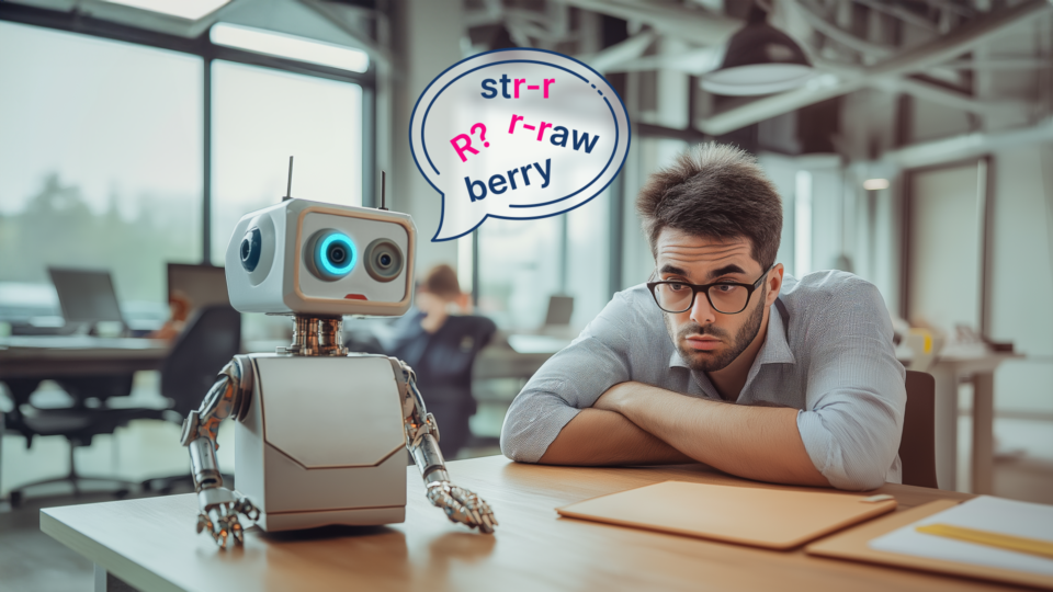 robot-with-word-bubble-strawberry-knowledgeworker-at-desk
